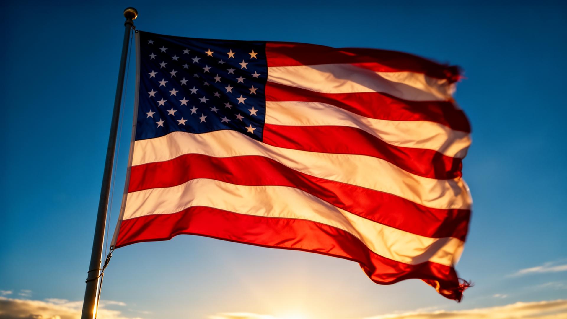 American flag waving against a deep blue sky